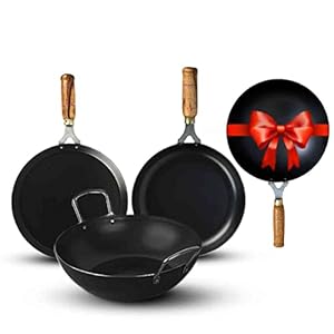 The Indus Valley Pre-Seasoned Iron Cookware Set + Free Wok (25 Cm) | Kadai (24 Cm) + Fry Pan (24 Cm) + Tawa (26 Cm) | Kitchen Cooking Combo Pots And Pans Set Of 4Pcs | Naturally Nonstick, Black