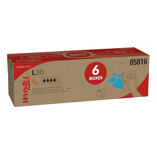Image of WypAll GeneralClean L30 Cloths Heavy Duty Cleaning Wipes (05816), Pop-Up Box, Strong and Soft Bulk Paper Wipers, White (6 Packs of 120 Sheets, 720 Sheet Total)
