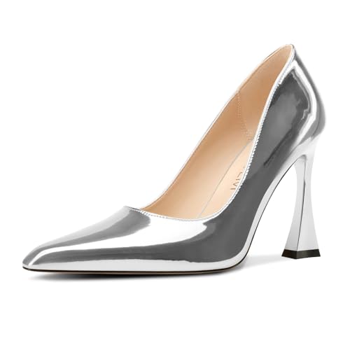 Image of HDEUOLM Womens Stiletto High Heel Square Toe Pumps Slip-on Office Dress Patent Leather 3.9 Inches Heels