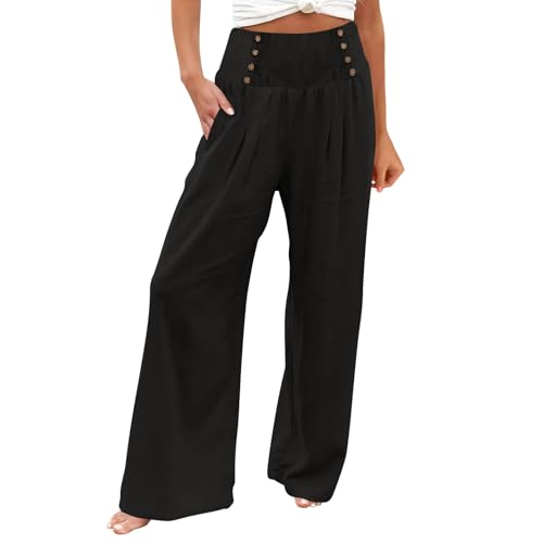 Pantalon en lin femmes jambes larges taille haute confortable palazzo été avec poches
