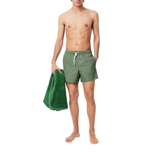 Lacoste Men's Crocodile Print Swim Trunks, Khaki Multicolor, Large