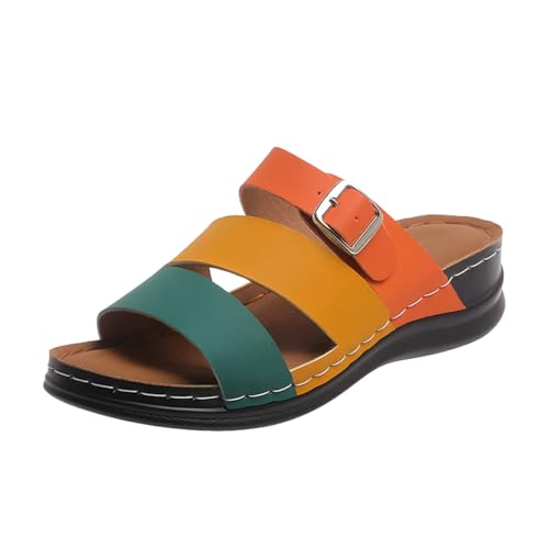 Women's Colorblock Slides Sandal Summer Low Wedge Slip on Walking Beach Slippers Comfort Sandals 2025