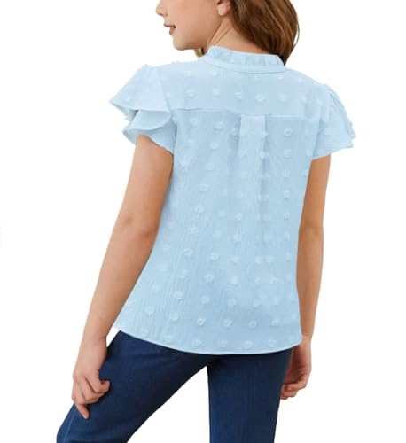 Girls Shirts Short Sleeve Chiffon Shirts Swiss Dot Blouses Top Teen Girls V-Neck Tunics Tee Size 9-14 Years3