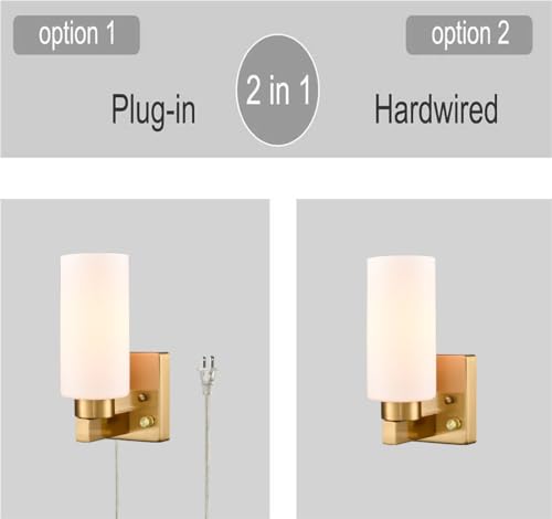 Image of DEYNITE Modern Plug in & Hardwired Wall Sconce Brass Bathroom Vanity Light | Set of 2 Wall Mounted Light with milky white glass shade rotary on /off dimmable switch for bathroom bedroom