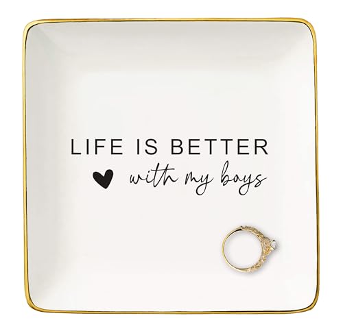 NZY Life Is Better With My Boys - Mom Life Gift: Ceramic Jewelry Tray Trinket Holder Ring Dish