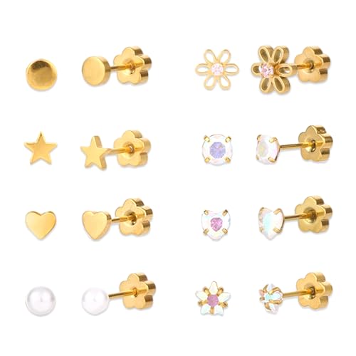 16 Piezas Oro Pendientes Cierre Roscado para Mujer, Bonitos Flor Corazón y Estrella Tachuelas Traseras Planas Pendientes Cartilago para Orejas Sensibles