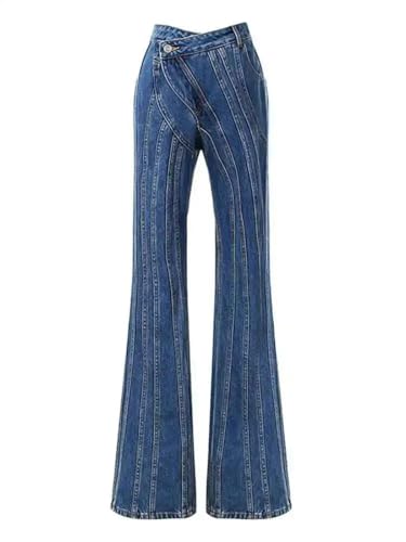 Women Oblique Waist Spliced Jeans Loose Fit Placket Trousers Streetwear Style for Spring Outfits