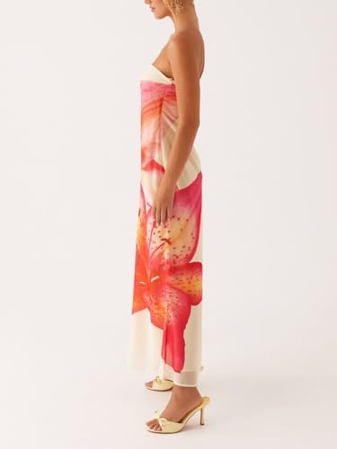 Image of Women Floral Graphic Tube Maxi Dress Bodycon Off Shoulder Bandeau Dresses Aesthetic Long Dress Summer Streetwear(Floral Orange,M)