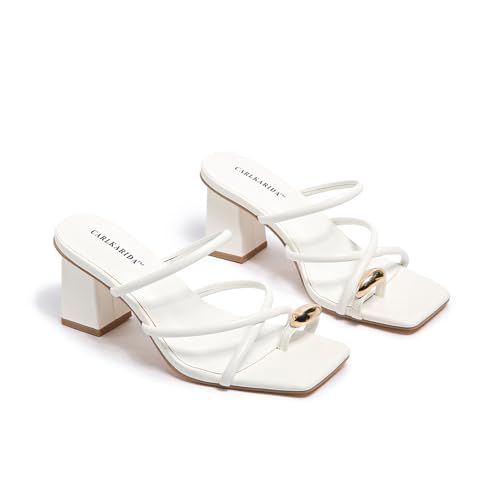 Image of Strappy Heels For Women Low Chunky Block Heel Heeled Sandals Square Open Toe Slip On Slides Flip Flops Mules