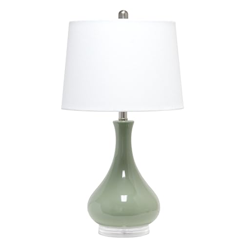 Elegant Designs LT3312-SGE 26.25″ Polished Contemporary Ceramic Tear Drop Shaped Table Lamp with White Fabric Tapered Drum Shade for Study, Nursery, Dining Room, Bedroom, Living Room, Sage Green