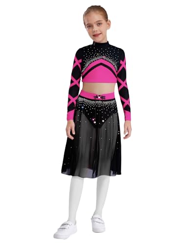 Kaerm Vestido de baile lírico para niña, vestido de ballet para niños, camiseta de manga larga, con brillantes brillantes, parte superior sin vientre, parte superior con falda de gasa, falda de baile