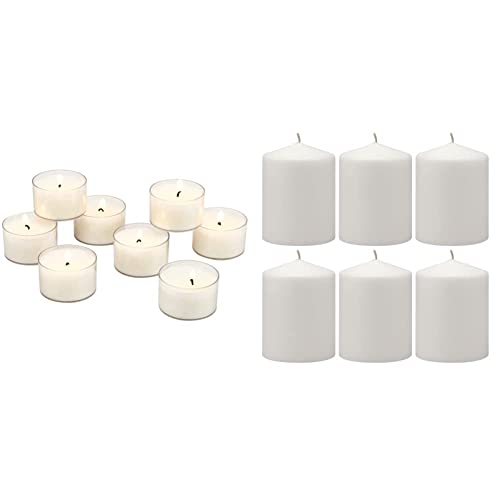 Stonebriar Bulk 48 Pack Unscented Smokeless Long Clear Cup Tea Light Candles With 8 Hour Extended Burn Time, 48 Count & 35 Hour Long Burning Unscented Pillar Candles, 3X4, White #TOP13