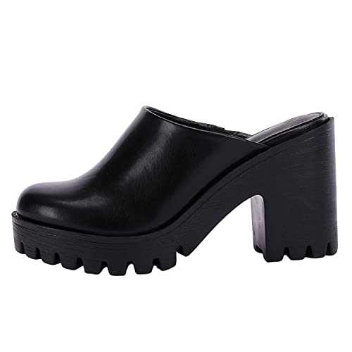 Lpcbdee Women's Platform Chunky Heel Mules Retro Clogs Closed Round Toe Slip On Sandals Black #TOP1
