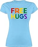 Shirt Damen - LGBTQ Kleidung Pride Flag - Free Hugs - Lettering Schriftzug - L - Hellblau - Outfit LGBT Hug Funshirts für Frauen CSD Tshirt Lesbian Shirts lqbtq t-Shirt Gay t lgbtqia Women Queer