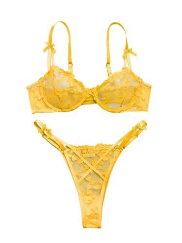 Image of Lilosy Sexy Underwire Cute Push Up Strappy Embroidered Mesh Sheer Lingerie Set See Through Panty Bra