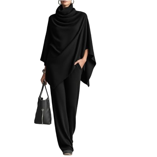 Women's 2 Piece Outfits Turtleneck Shawl Batwing Knitting Tops Cape