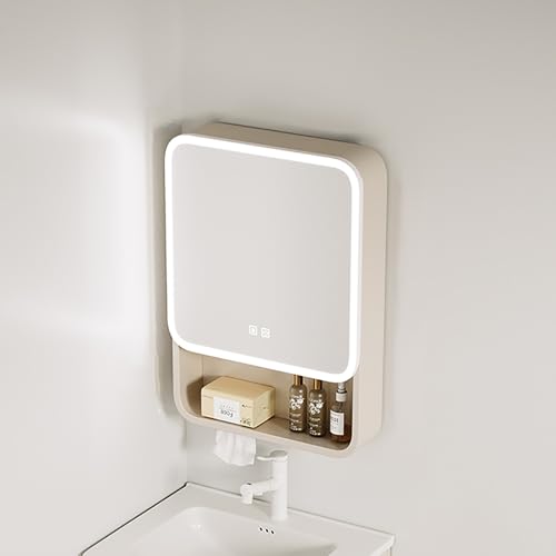 Bagno illuminato con specchio, montaggio a parete con porta singola, design rettangolare arrotondato, contenitore aperto multiplo per lavabo (40 cm)