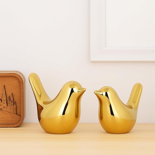 Image of Golden Ceramic Birds Figurine Set | Luxury Home Decor Showpiece for Living Room, Bedroom, Office & Table Decoration | Elegant Love Birds Statue Gift (Set of 2 PCS)
