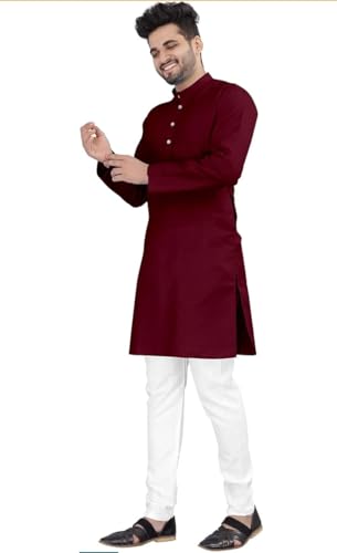 Image of Men's Maroon Kurta Full Sleeve, Mandarin Collar, Ethnic Wear