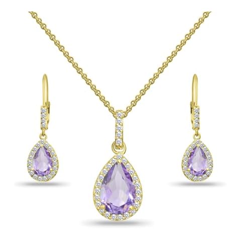 B. BRILLIANT Yellow Gold Flashed Sterling Silver Teardrop Halo White Topaz and Amethyst Necklace & Dangle Earrings for Women Cover