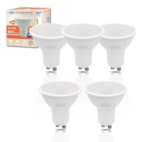 LED ATOMANT Pack 5x Bombilla LED GU10 8W, Color Blanco Frio (6500K), 800 Lumenes, Equivalente a 80W tradicional