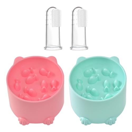 OAOSDH 2 Ciotole di Gatto A Terra Lenta E 2 Spazzolini da Denti da Compagnia, Forniture per Animali Domestici, Ciotole di Plastica per Animali Domestici.