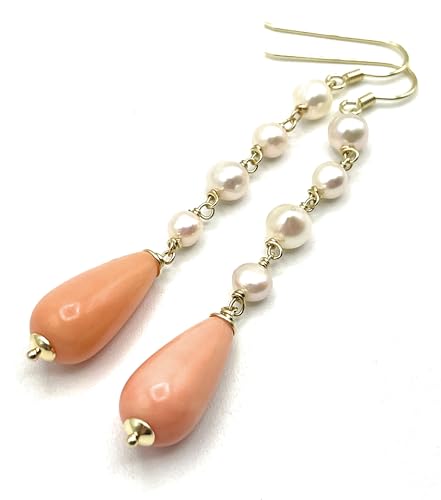 Boucles d'oreilles corail rose perles d'eau douce pendantes vermeil - 4