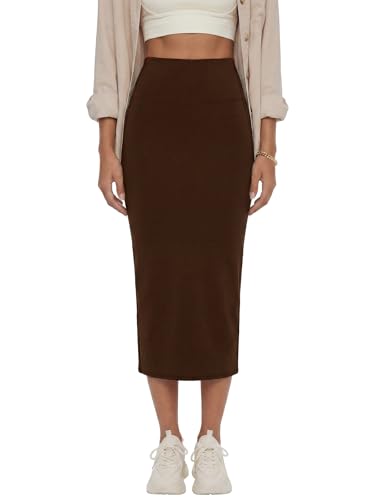 Image of Rooscier Women's High Waisted Pencil Midi Skirt | Stretchy Bodycon Knee Length Skirts with Back Slit