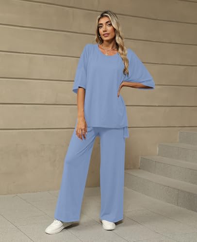 Image of KevaMolly 2 Piece Lounge Set for Women Postpartum Oversized Tops and Wide Leg Pants Soft Comfy Pajamas Set 2 Piece Outfits