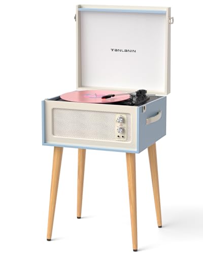 Vintage Standing Blue Vinyl Record Player with Detachable Legs, Built-in 4 Speakers, USB to PC Encoding, 33/45/78 RPM LP Player Bluetooth Retro Turntables Support Headphone Jack, RCA Out, AUX in