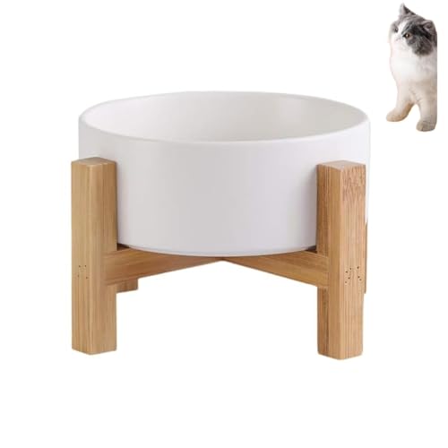 Phantasmia 大型犬用食器 陶器 ホワイト M-400ml 天然竹製スタンド付き ? 滑り止め設計 取り外し可能 首腰負担軽減 高さ調整 安定感ある猫水飲み器兼用 (M-400ml,ホワイト)