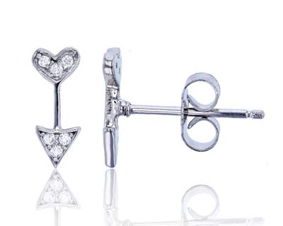Sterling Silver Rhodium Micropave Heart Arrow Cubic Zirconia Stud Earring