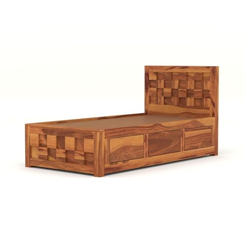 Image of Solid Sheesham Wood Single Size Bed with Box Storage for Bedroom Living Room Single Cot for Home Wooden Palang for Hotel (Honey, Size 6 * 4)