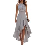 SGYCNGU Summer Halter Dresses for Women 2026 Sexy Pleated Sleeveless Chiffon Sundress Long Ruffle Hi-Low Formal Evening Gown（Gray,Medium）