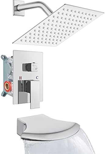 Midanya Polished Chrome Tub and Shower Faucet Set with 8 Inch Rain Shower Head and Waterfall Tub Spout Wall Mounted Rough-in Valve and Trim Kit Included Bathroom 2-Function Shower System Mixer Combo