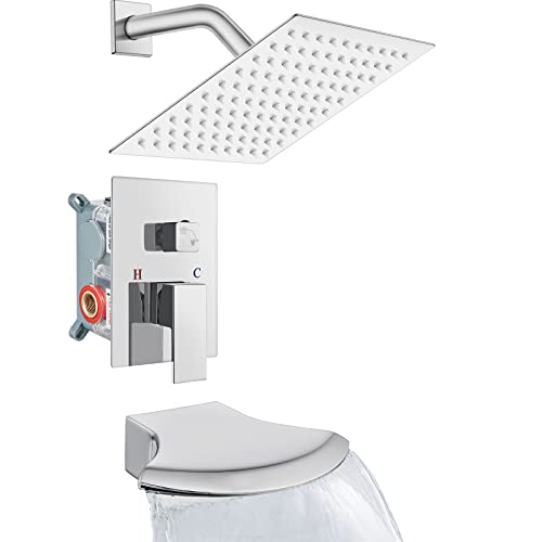 Midanya Polished Chrome Tub And Shower Faucet Set With 8 Inch Rain Shower Head And Waterfall Tub Spout Wall Mounted Rough-In Valve And Trim Kit Included Bathroom 2-Function Shower System Mixer Combo #TOP2