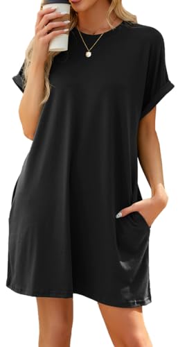 MEDUOLA Mujer Vestido Casual de Manga Corta Vestido de Camiseta con Bolsillos Vestido Suelto Color Sólido para Verano M,Negro