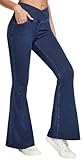 IUGA Bell Bottom Jeans for Women High Waisted Stretchy Flare Jeans Crossover Pull On Tummy Control Flare Pants with Pockets Dark Blue 29'', Large