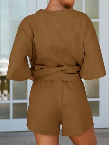 Image of Tankaneo Womens Pajama Sets 3 /4 Sleeve Oversized Tops & Loose Fit Shorts Lounge Set with Pockets Loungewear