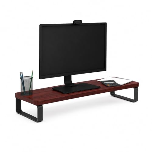 Image of Monitor Stand Riser with Wood Top & Metal Legs | Desktop Monitor Shelf Organizer | Computer Screen Riser for Office & Study | Dark Red