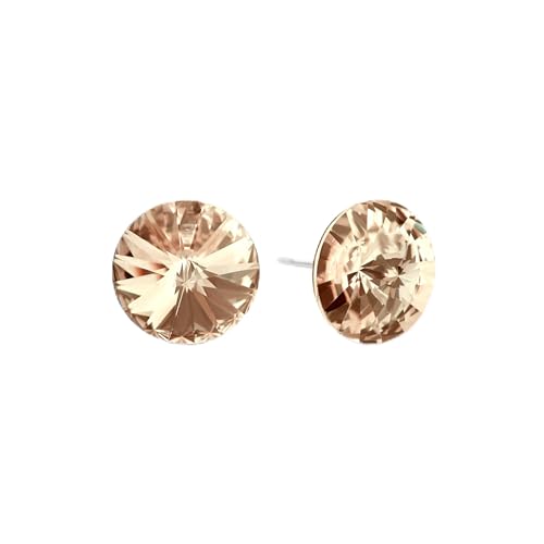 Ella Champagne Crystal Stud Earrings - 10mm Rivoli Cut, Genuine Crystals, Hypoallergenic, Tarnish-Free Stainless Steel