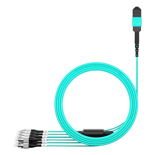 AMPCOM MPO to FC Breakout Cable 50/125μm Multimode OM3-300(8 Fiber, MPO to FC, Type B, LSZH/Riser, UPC, Aqua) 15m (49ft)