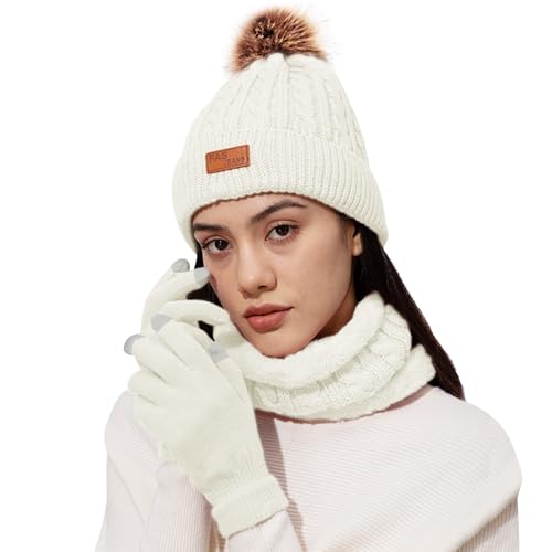 NHTJTHE Conjunto de gorro e cachecol para mulher, roupa de inverno, gorro quente, luvas para ecrã táctil e cachecol, gorro de inverno, luvas de inverno (branco), M, Branco, M