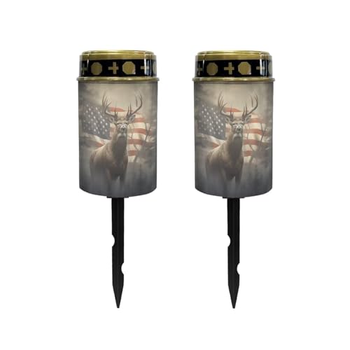 Image of Poceacles Outdoor Lights Solar Powered Flameless Candle Cemetery Votive Candles Waterproof Outdoor Memorial Candle Solar Stake Lights 4th of July Patriotic Decor, Deer American Flag Retro, Pack of 2