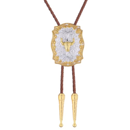 Image of GelConnie Brown Bolo Tie for Men Women Western Ties Mens Gold Bolo Tie Rodeo Cowboy Leather Necktie Cowgirl Tie Wedding