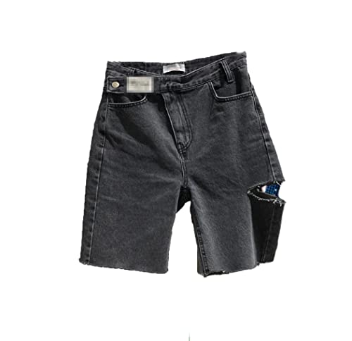 Short en jean déchiré taille haute femme - Jeans court rétro droit noir gris streetwear