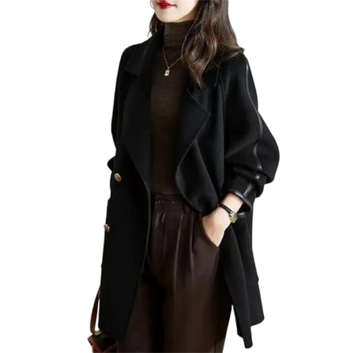 Image of Women Woolen Coat Korean Jacket Double Breasted Outwear Temperament Suit Collar Daily Clothe Black M