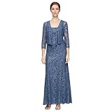 Alex Evenings Women's Long Lace Jacket Dress, Wedgewood, 12