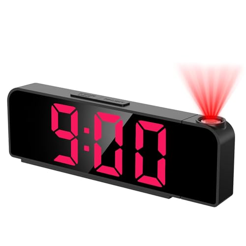 Tisaika Projection Alarm Clock Bedside 7.9'' LED Alarm Clocks with 180° Rotatable Projector Adjustable Brightness Temperature Date Snooze Night Mode Time Memory USB Clocks for Bedroom Home Office