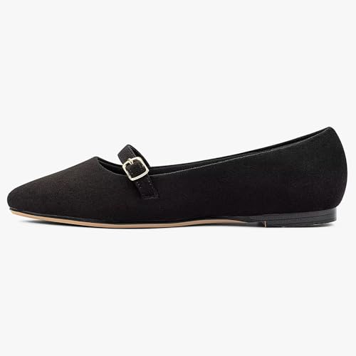 MUSSHOE Women Flats Comfortable Pointed Toe Flats Shoes with Strap,Black Suede 82